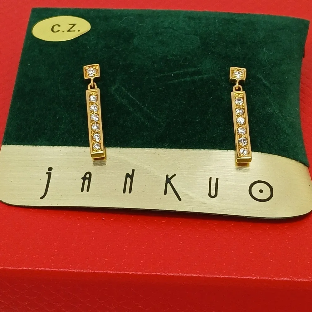 JANKUO Vintage 1990s Gold Tone Cubic Zirconia CZ Bar Drop Earrings Rare New - Picture 16 of 16